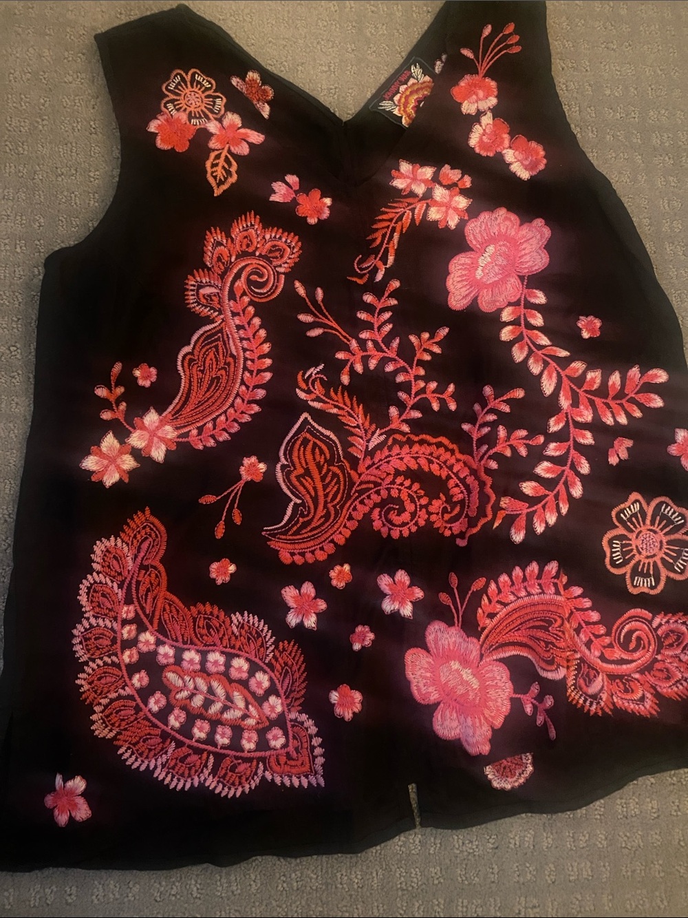 Johnny Was Black Camisole with Pink and Coral Floral Embroidery Size S